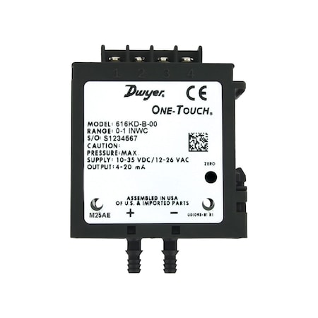 Dwyer Instruments Differential pressure transmitter, 0-20" w.c., +/- 0.25% FS, voltage 616KD-A-06-V